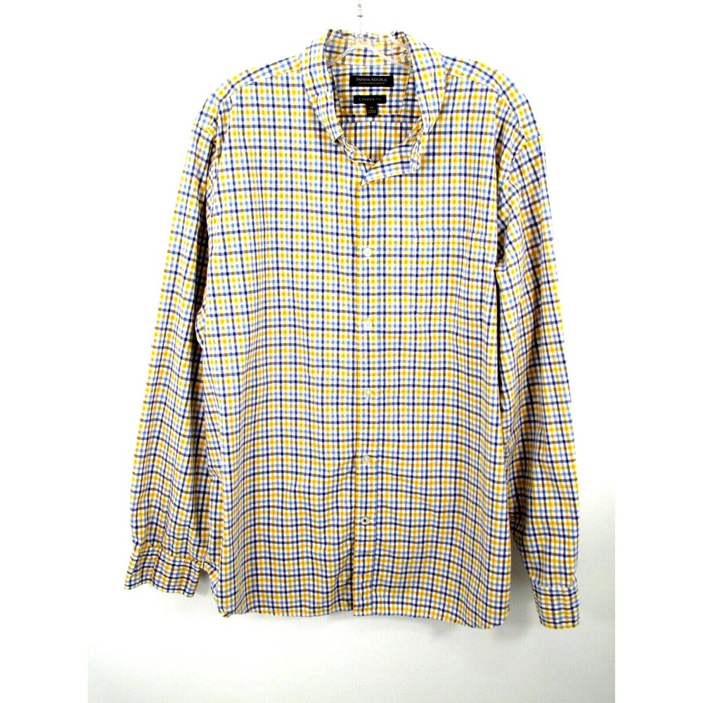 BANANA REPUBLIC Camden Fit Dress Shirt Men XL Yellow Check Button-Up Long Sleeve